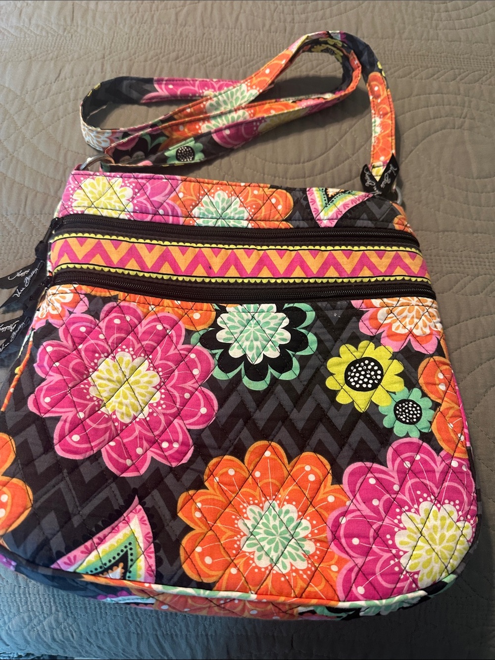 Vera Bradley Black Floral Quilted Crossbody with Pink Orange Accents